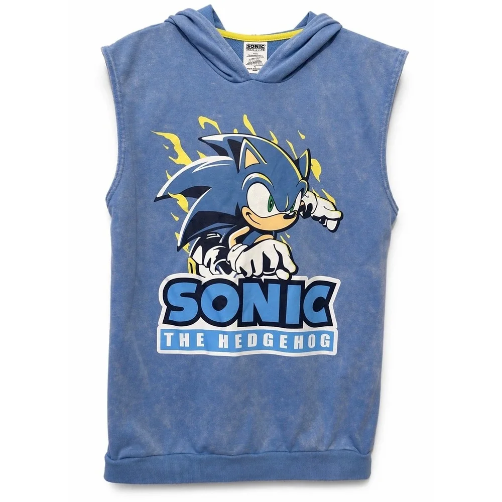 Sonic the Hedgehog Boys Blue Acid Wash Sleeveless Hoodie and Shorts Set Size XL